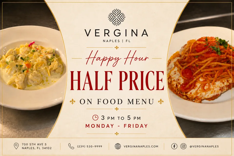 Happy Hour at Vergina — half price food menu, Monday to Friday 3 to 5 PM